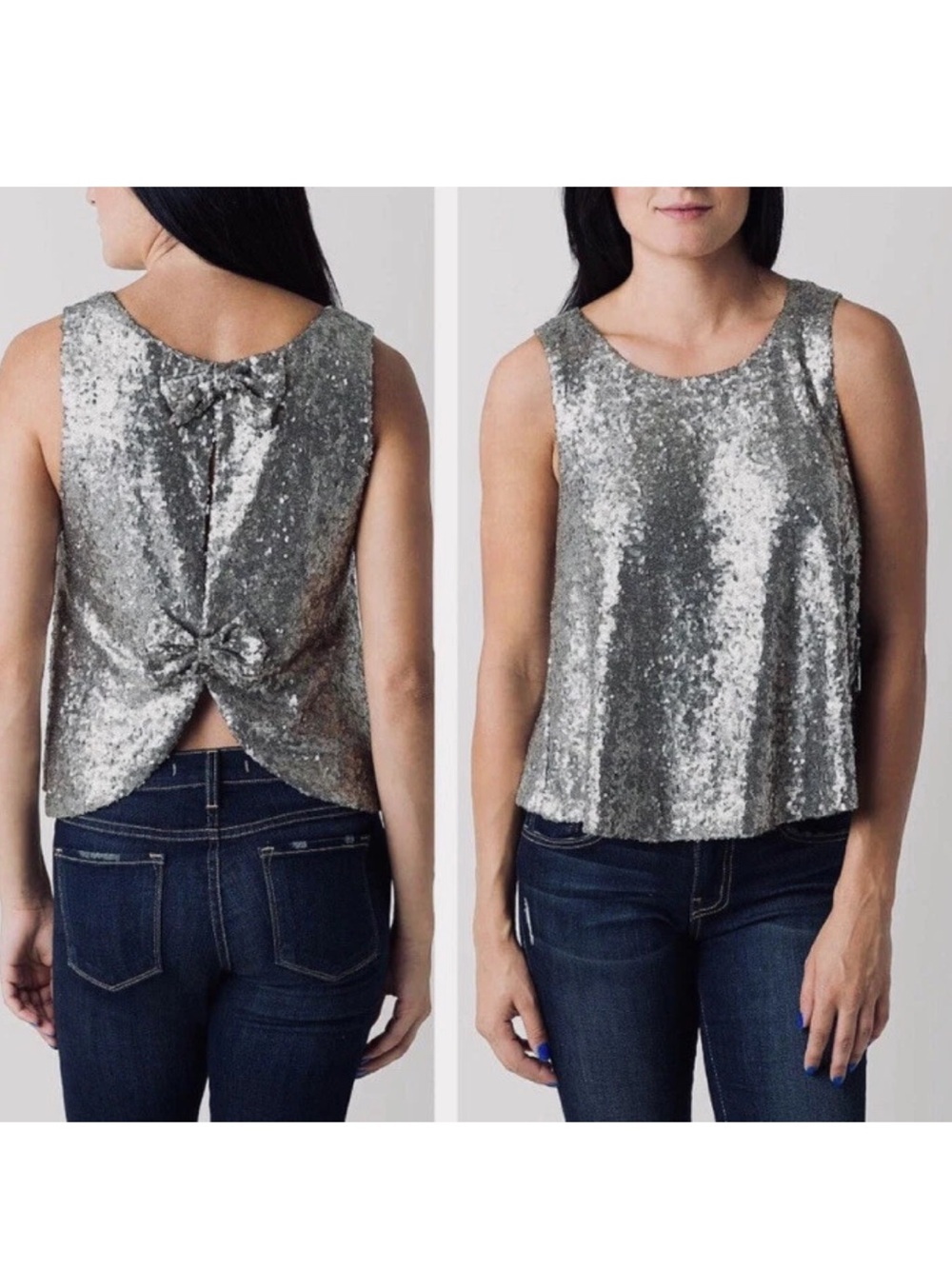BKE Boutique Bow Back Sequin Tank Top Silver Sparkle. M